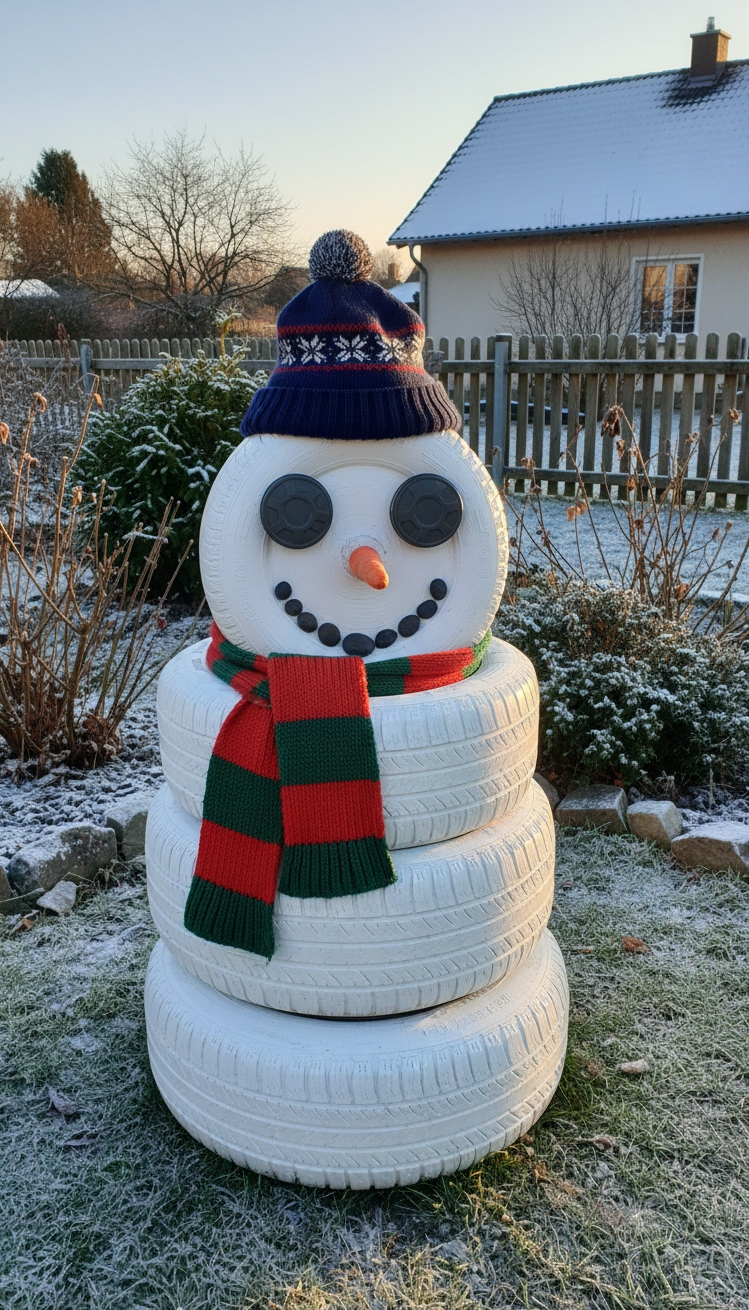 christmas garden decorations - Garden Christmas: Creative Tire Snowman - The tire snowman stands cheerfully in the winter...