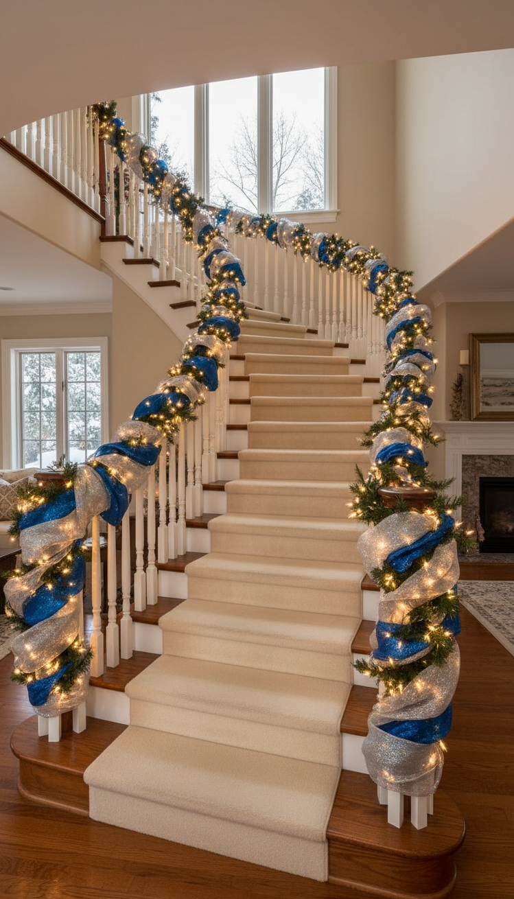 blue christmas decorations ideas - Blue Christmas Decor: Staircase Sparkle - This staircase glows with holiday charm, draped in...