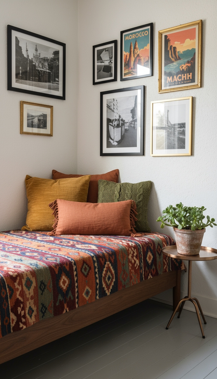 Male Bedroom Ideas - Curated Corners: Male Bedroom Design - This daybed, draped with a vibrant kilim rug,...