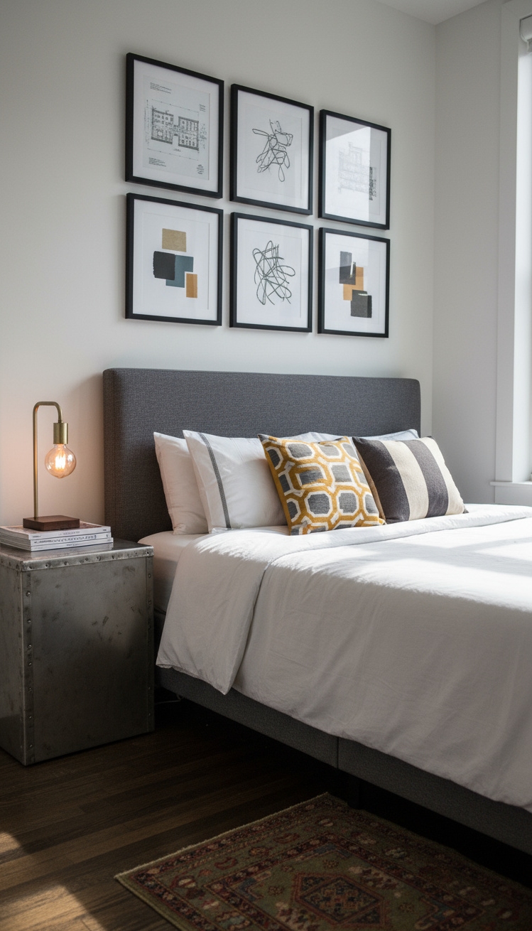 Male Bedroom Ideas - Curated Corners: Modern Male Bedroom Design - The full-size bed immediately draws your eye with...