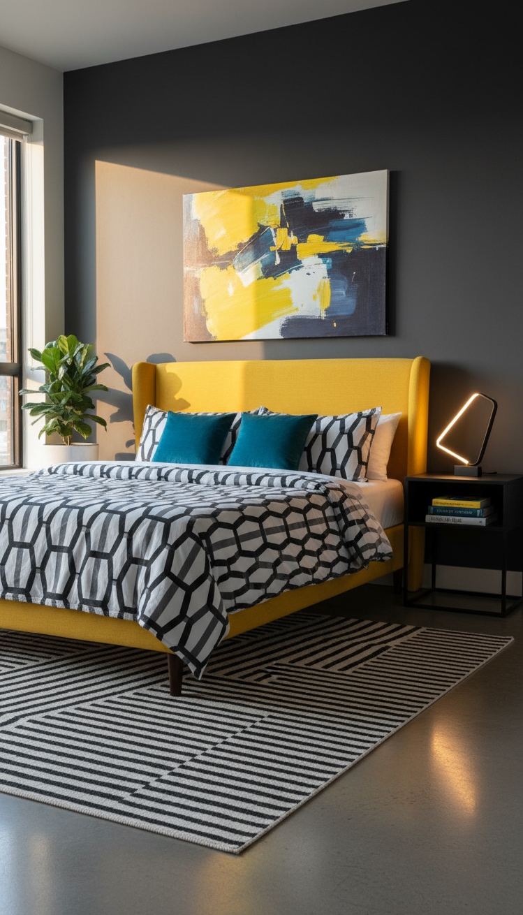 Male Bedroom Ideas - Bold Colors, Graphic Style: Male Bedrooms - That bold yellow headboard immediately grabs your attention,...
