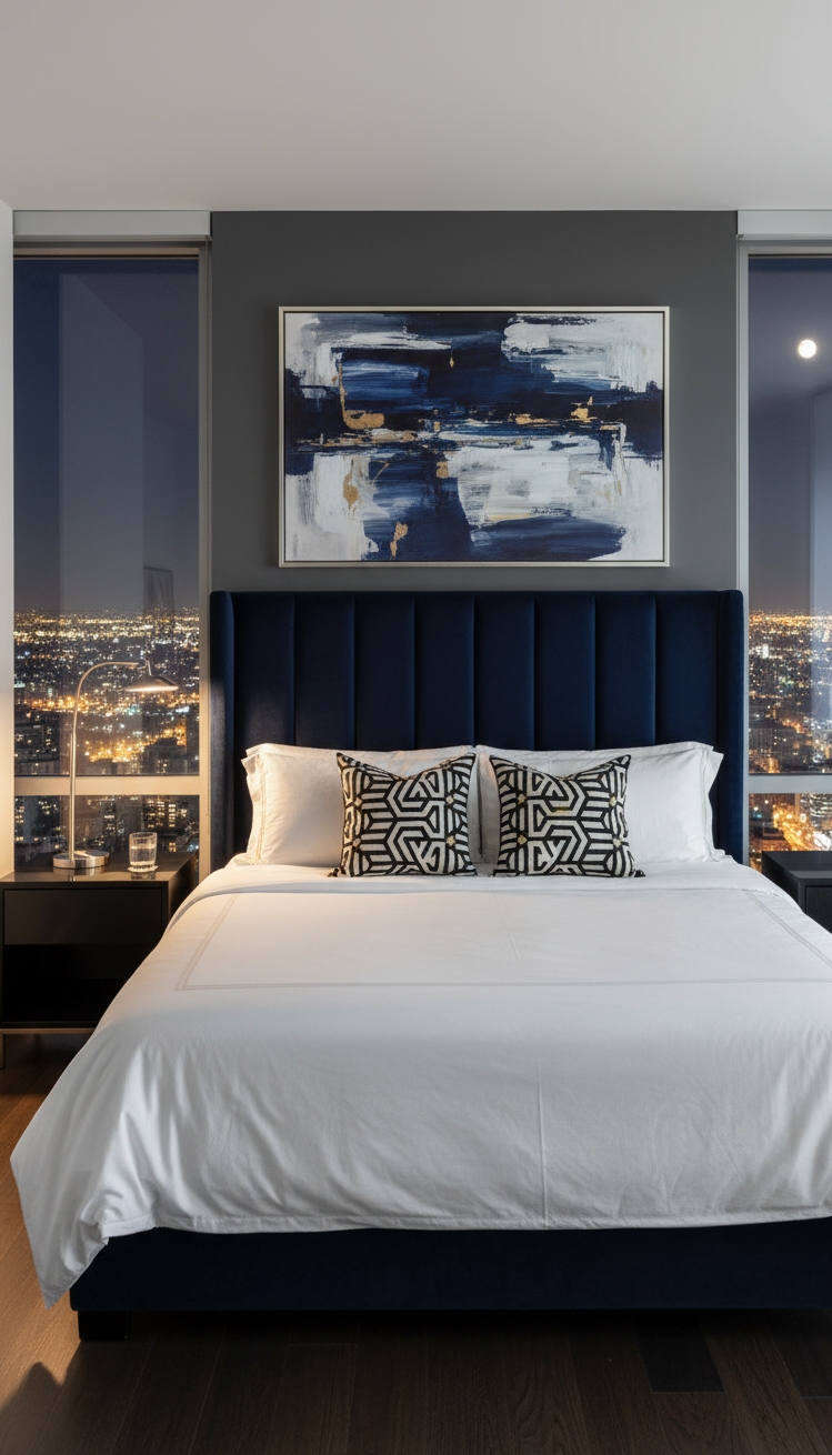 Male Bedroom Ideas - Elevated Urban Style: Male Bedroom Design - The navy velvet headboard immediately draws your eye,...