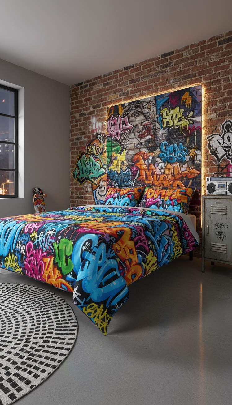 Male Bedroom Ideas - Urban Edge: Male Bedroom Design - The graffiti duvet immediately grabs your attention with...