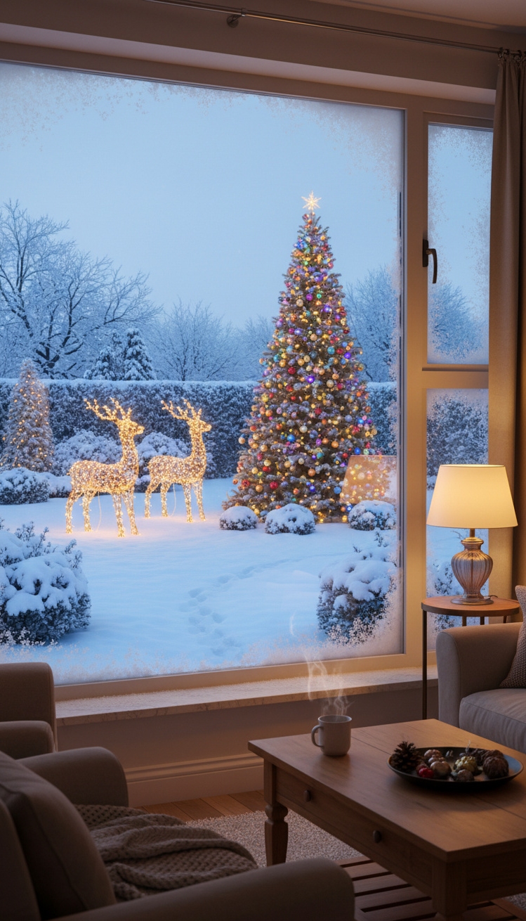 christmas garden decorations - Christmas Garden: A Winter Window View - The illuminated reindeer figures steal the show, their...