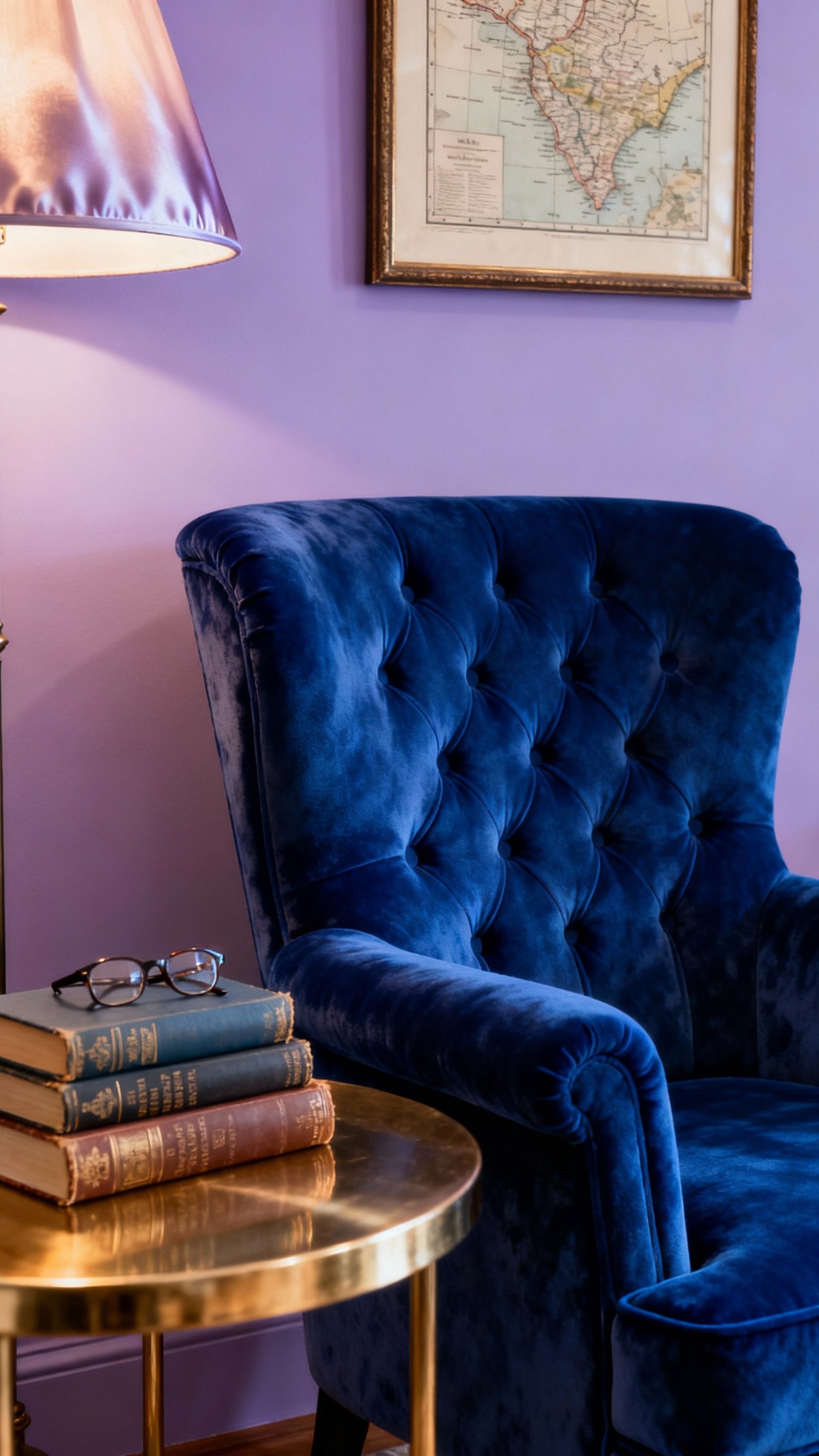 Glamorous transitional living room - Sapphire Velvet & Glamorous Reading Nook - That sapphire-blue velvet armchair just begs you to...