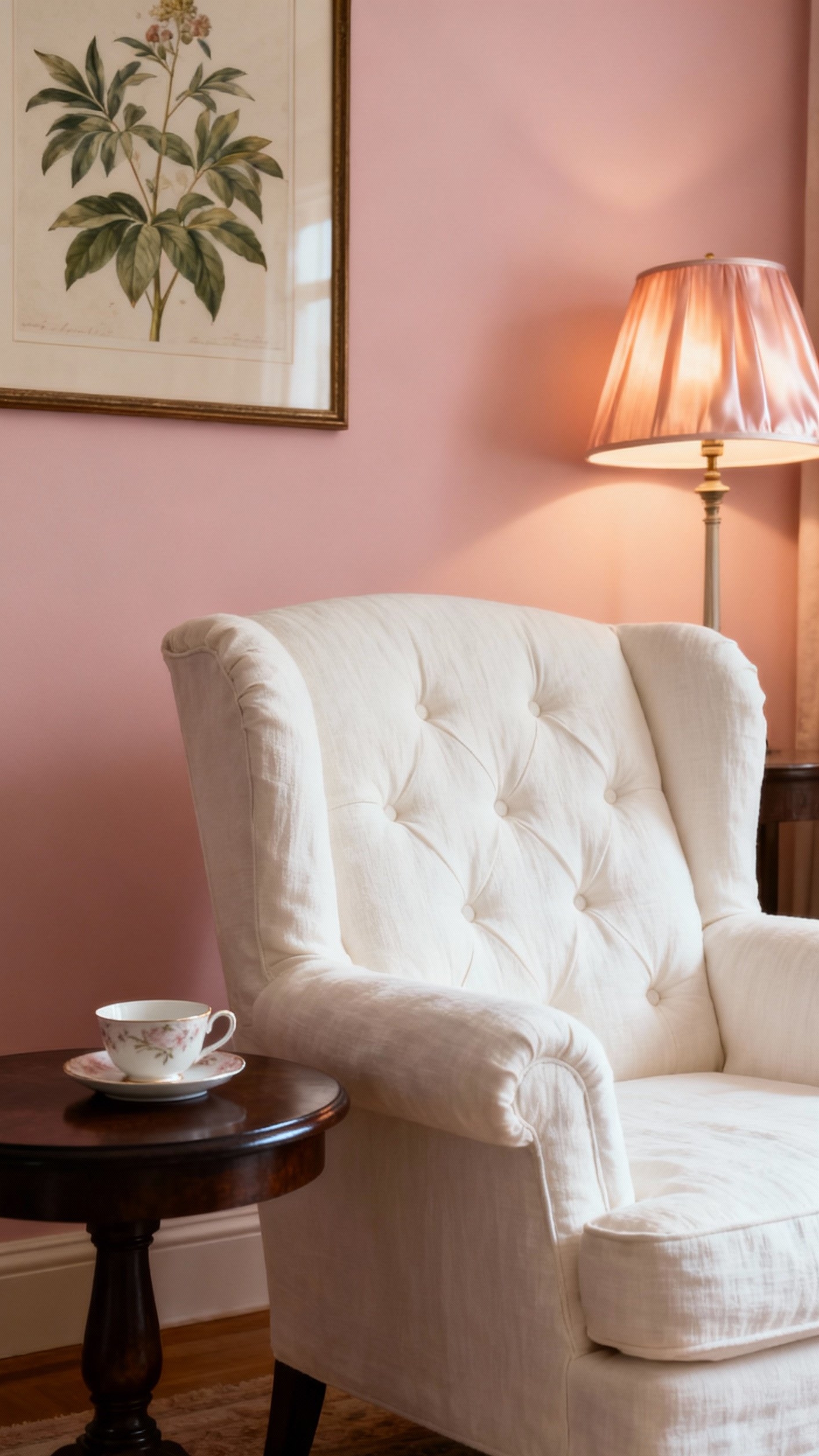 Glamorous transitional living room - Blush Pink & Linen Living Room - This tufted armchair, draped in creamy white linen,...