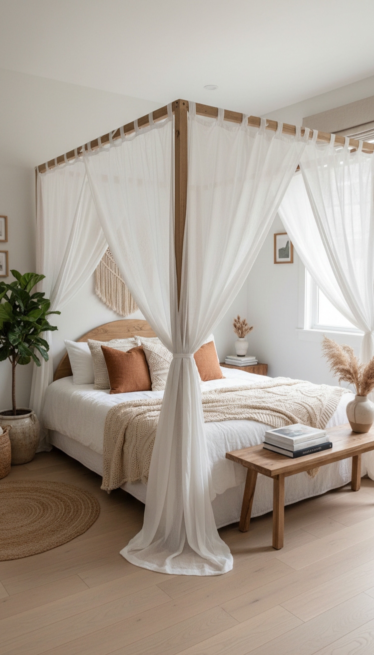 Boho Chic Bedroom - Boho Bedroom: Canopy Bed Focus - These sheer curtains soften the light pouring into...