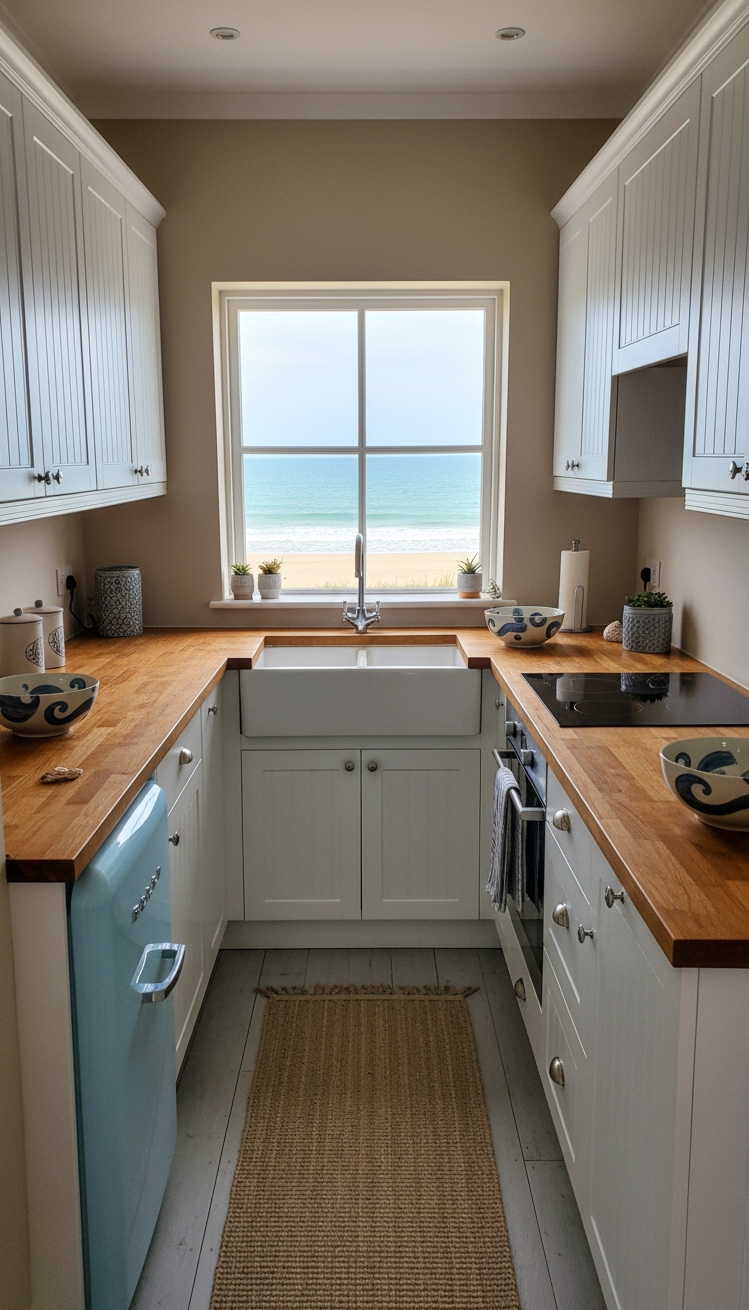 Beach Cottage Kitchens - Coastal Kitchen: Galley Style & Charm - The pastel blue refrigerator instantly charms, its retro...