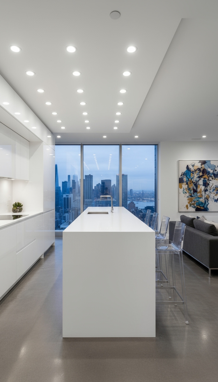 open kitchen ideas - Open Kitchens: Seamless Design & City Views - This sleek kitchen island, a pristine expanse of...