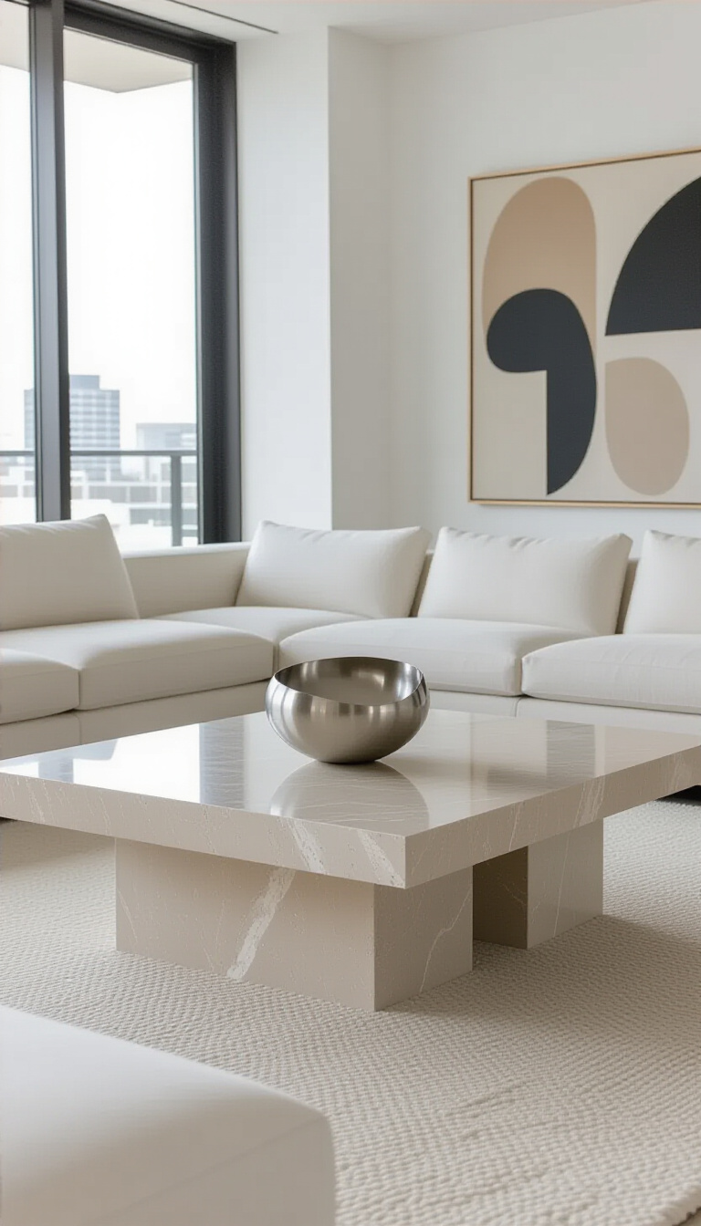 coffee table decor living room - Travertine Coffee Table: Minimalist Living Room - This travertine coffee table anchors the room with...