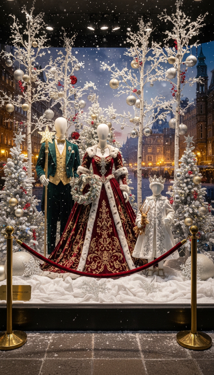 luxury christmas decor - Festive Window Displays: Luxury Christmas Design - These mannequins command attention, dressed head-to-toe in rich...