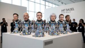 Featured image for Beeple's Robot Dogs with Billionaire Heads at Art Basel