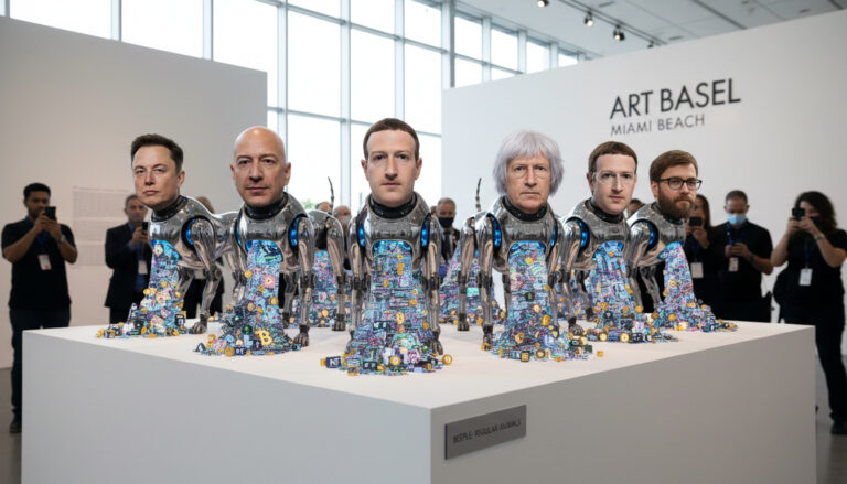 Featured image for Beeple's Robot Dogs with Billionaire Heads at Art Basel