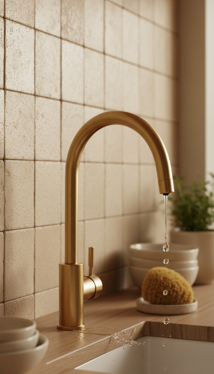 warm neutral kitchen - Textured Beige Backsplash Brass - These textured beige tiles catch your eye on...