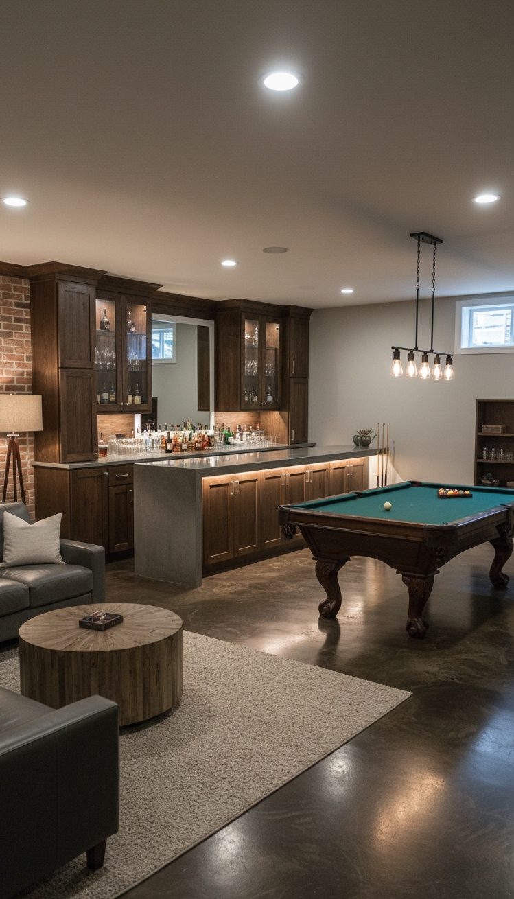 flooring that goes with oak cabinets - Flooring Ideas for Oak Cabinet Harmony - These dark epoxy floors anchor the basement bar...