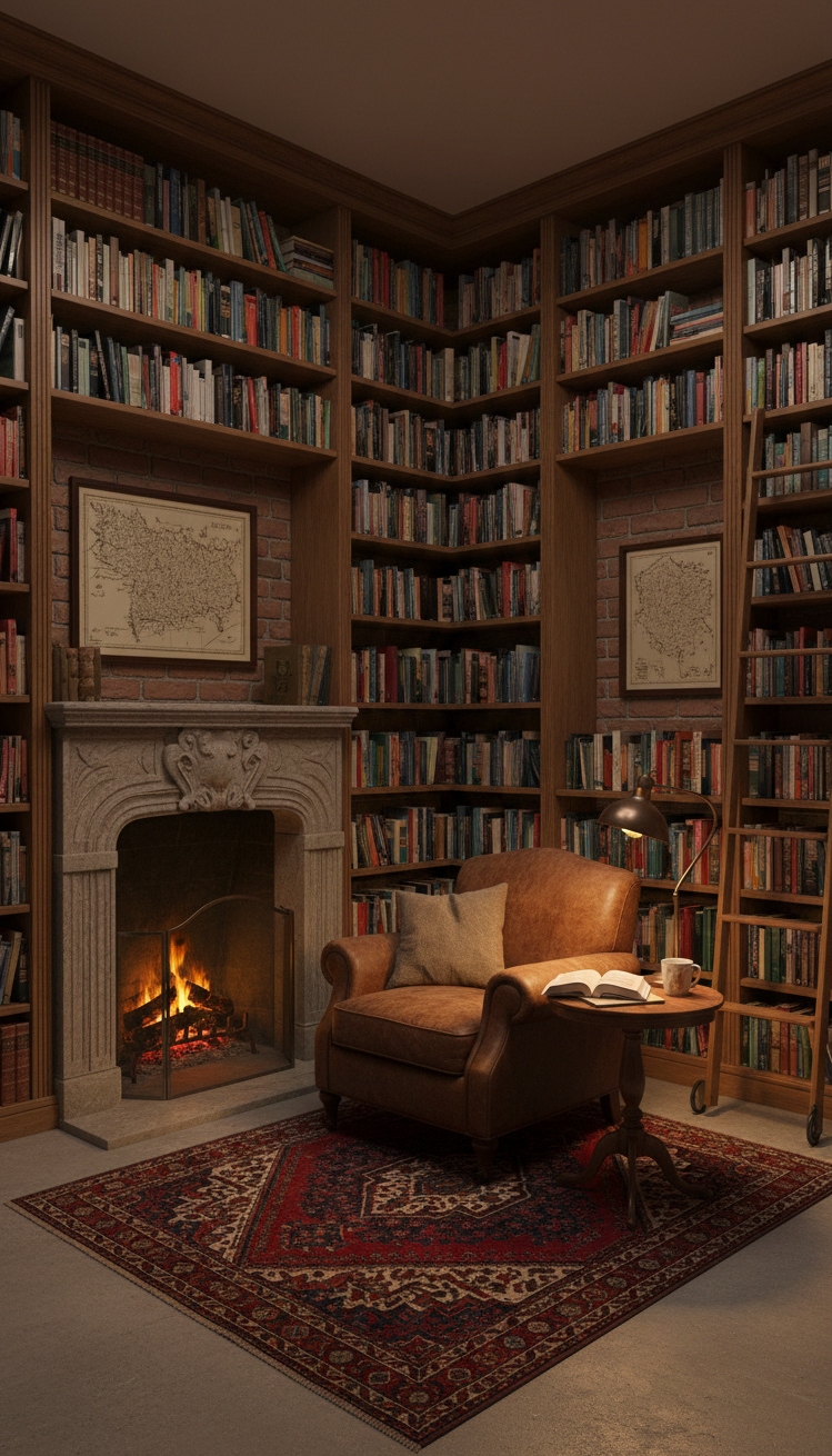 cool basement ideas - Basement Bookshelves: Cozy Design Ideas - These floor-to-ceiling bookshelves command attention. The warm wood...