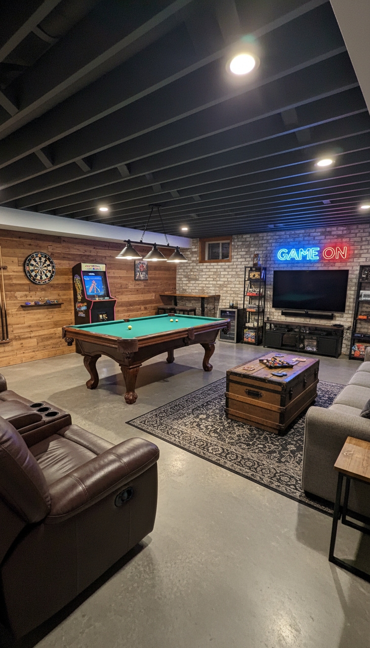 cool basement ideas - Basement Game Room Design Ideas - The pool table, draped in felt the color...