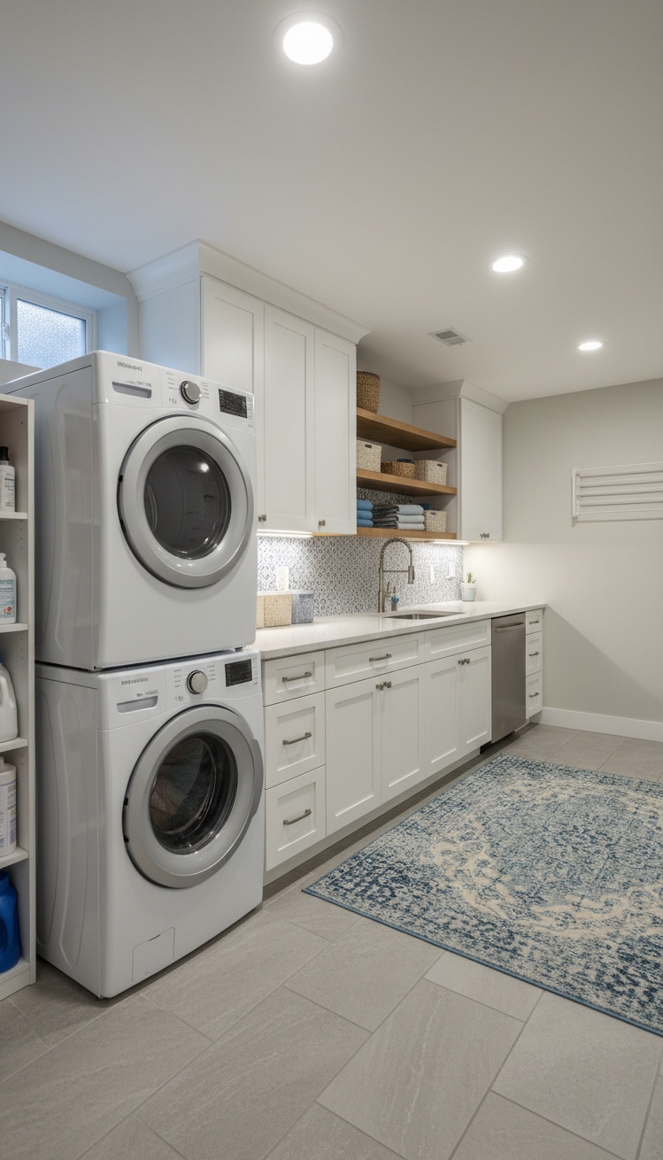 cool basement ideas - Basement Laundry Room: Bright and Organized - These front-loading machines gleam, their sleek surfaces reflecting...