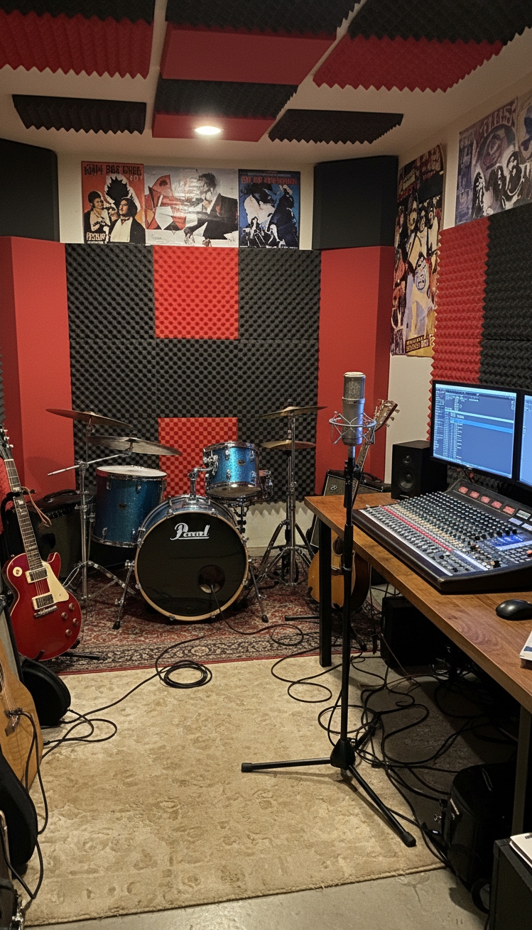 cool basement ideas - Basement Design: Cool Music Studio - The soundproofing panels really catch your eye; they...