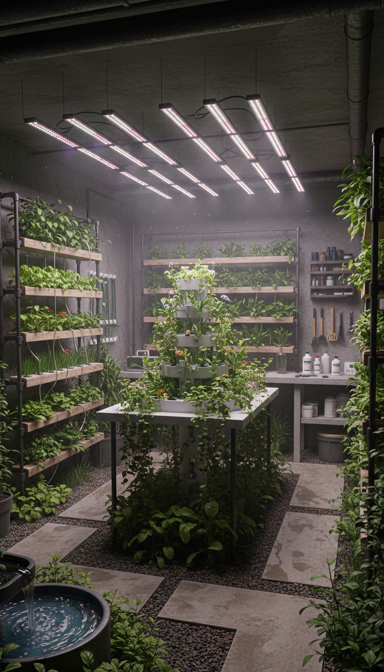 cool basement ideas - Basement Gardens: Bright, Green, and Growing - These glowing grow lights cast a soft, pinkish...