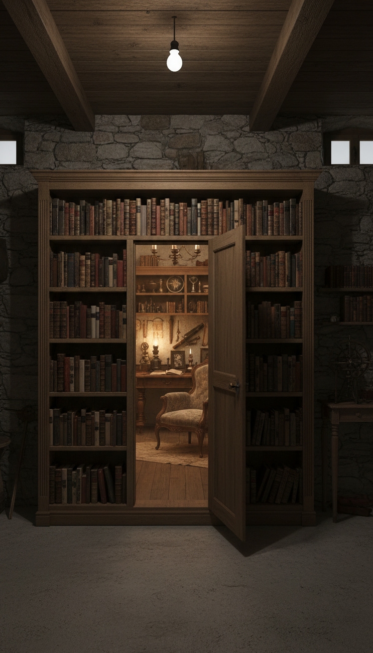 cool basement ideas - Cool Basements: Secret Doors & Bookcases - The bookcase commands attention. Its dark wood finish...