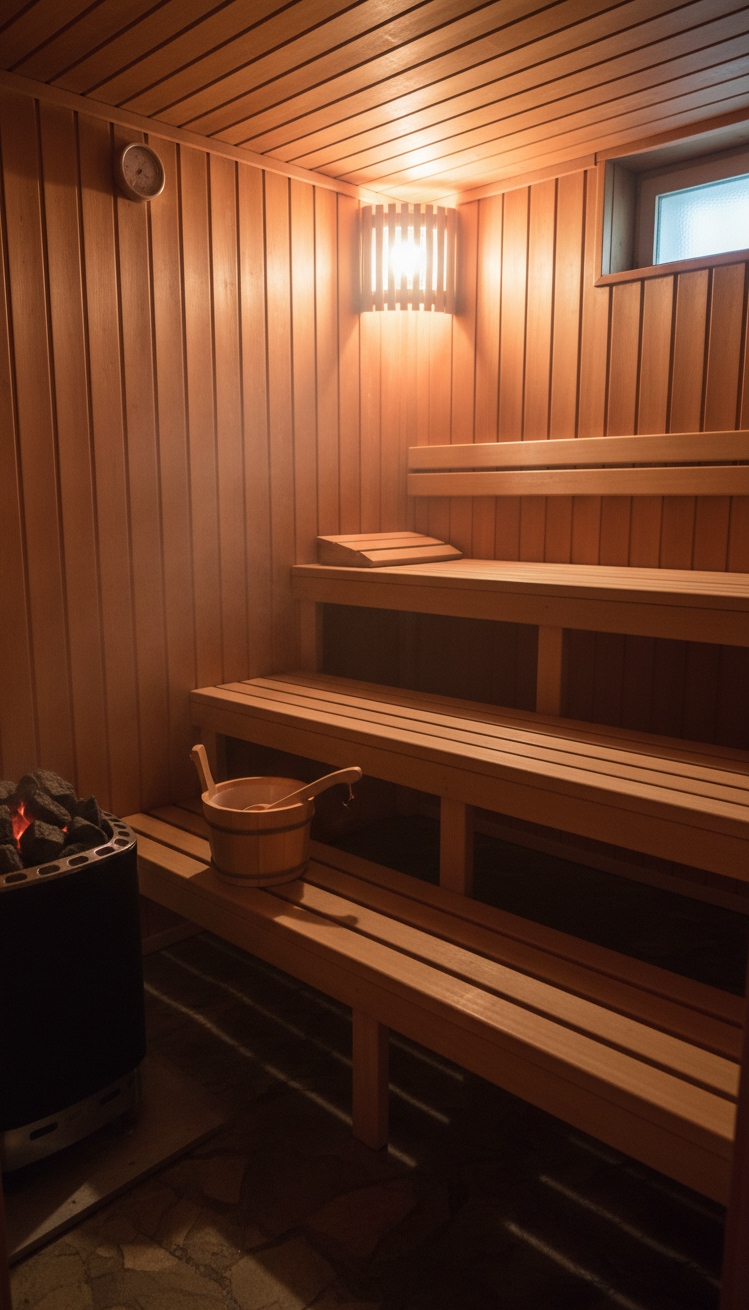 cool basement ideas - Basement Design: Warm Wood & Stone - The wooden benches define this basement sauna. The...