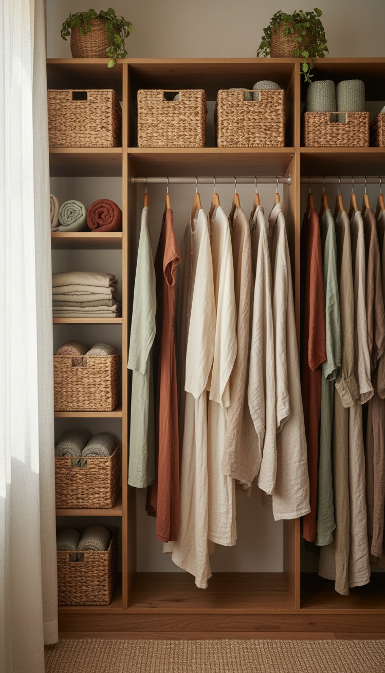 bedroom closet organization - Earthy Seagrass Closet Design - Woven seagrass baskets stack neatly on the shelves,...