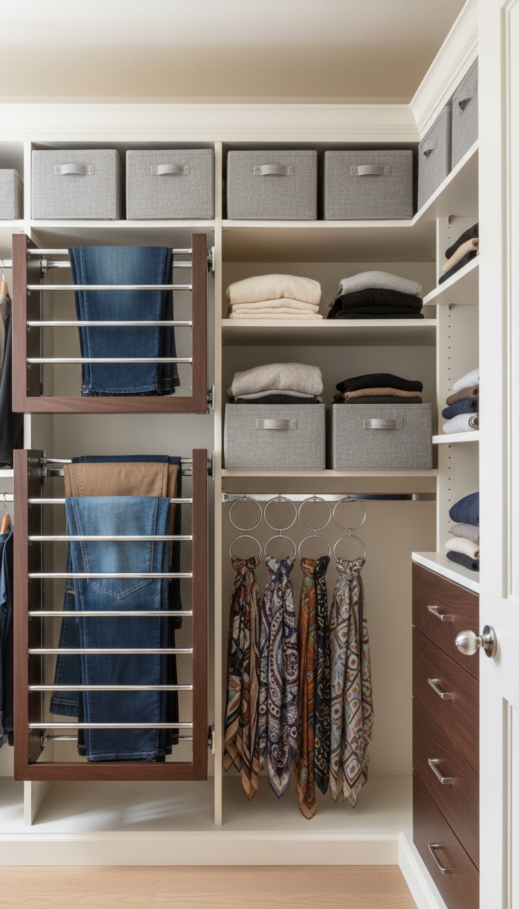 bedroom closet organization - Pull-Out Racks and Gray Shelves - Pull-out pants racks slide smooth from the closet...