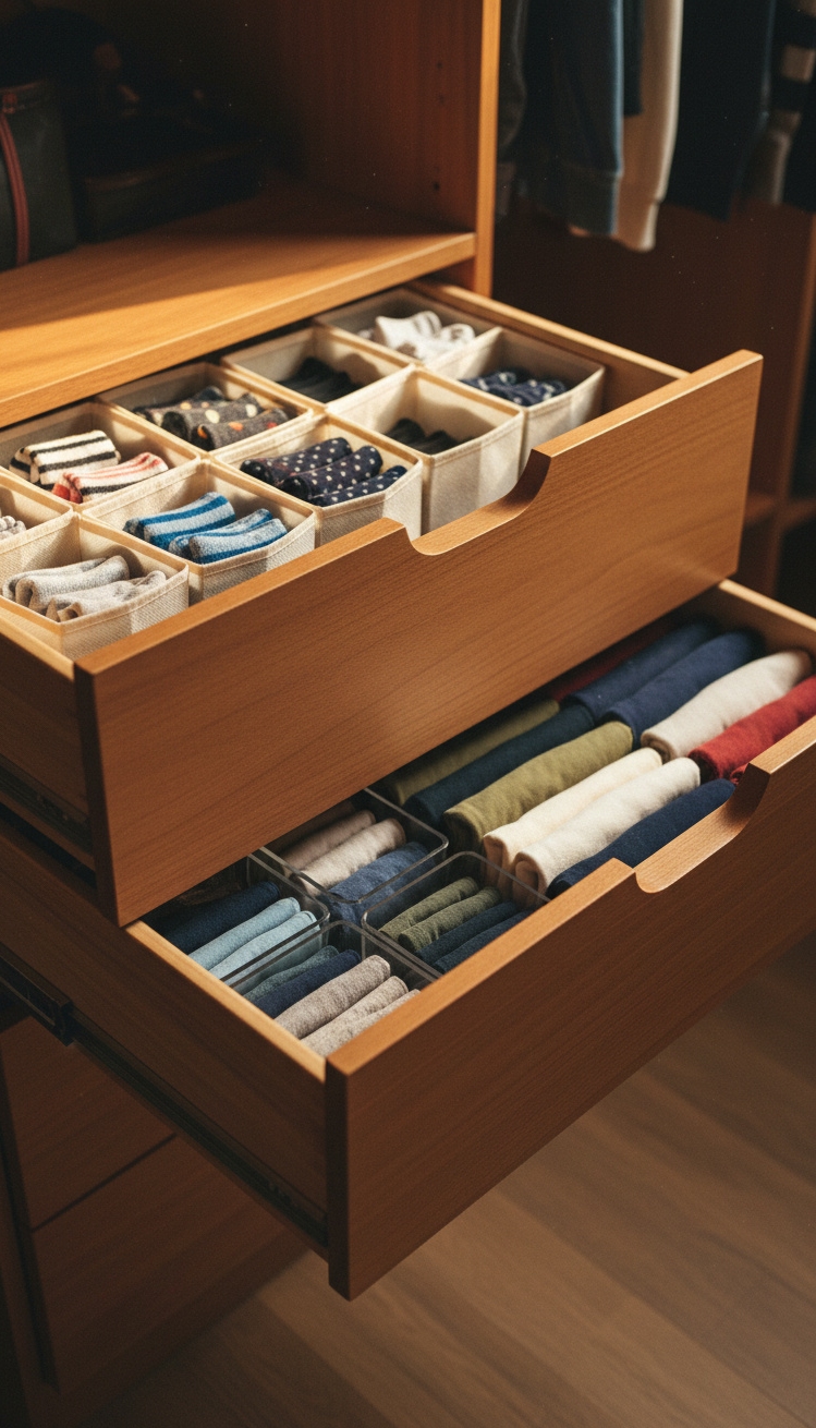 bedroom closet organization - Organized Wooden Drawers in Warm Light - These wooden drawers pull out halfway, their light...