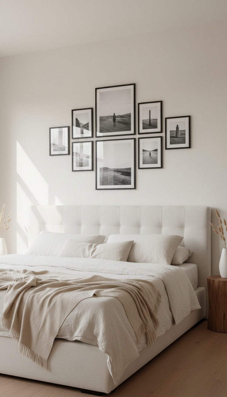 gallery wall bedroom ideas - Black Frames Hold a Bedroom World - These black frames hold the eye, drawing you...