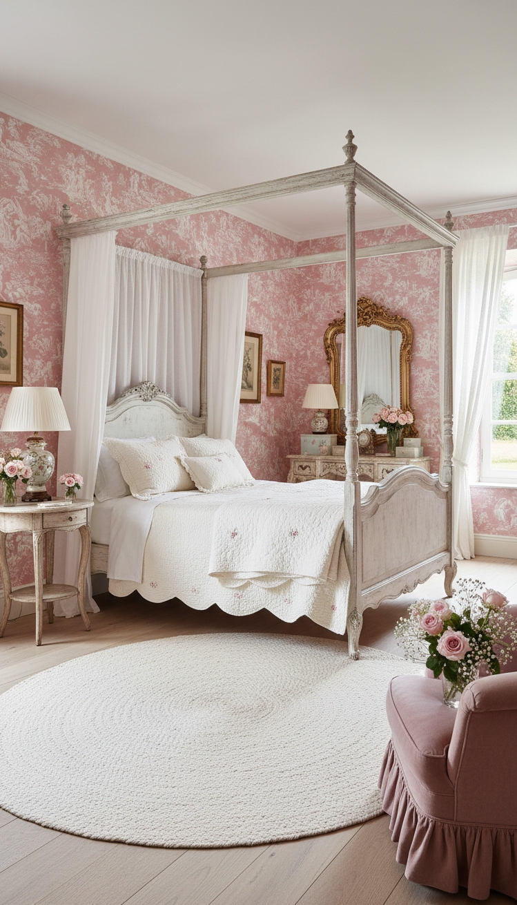 pink wallpaper for bedroom - Pink Toile Sets a Calm Mood - The pink toile wallpaper sets a sweet, calm...