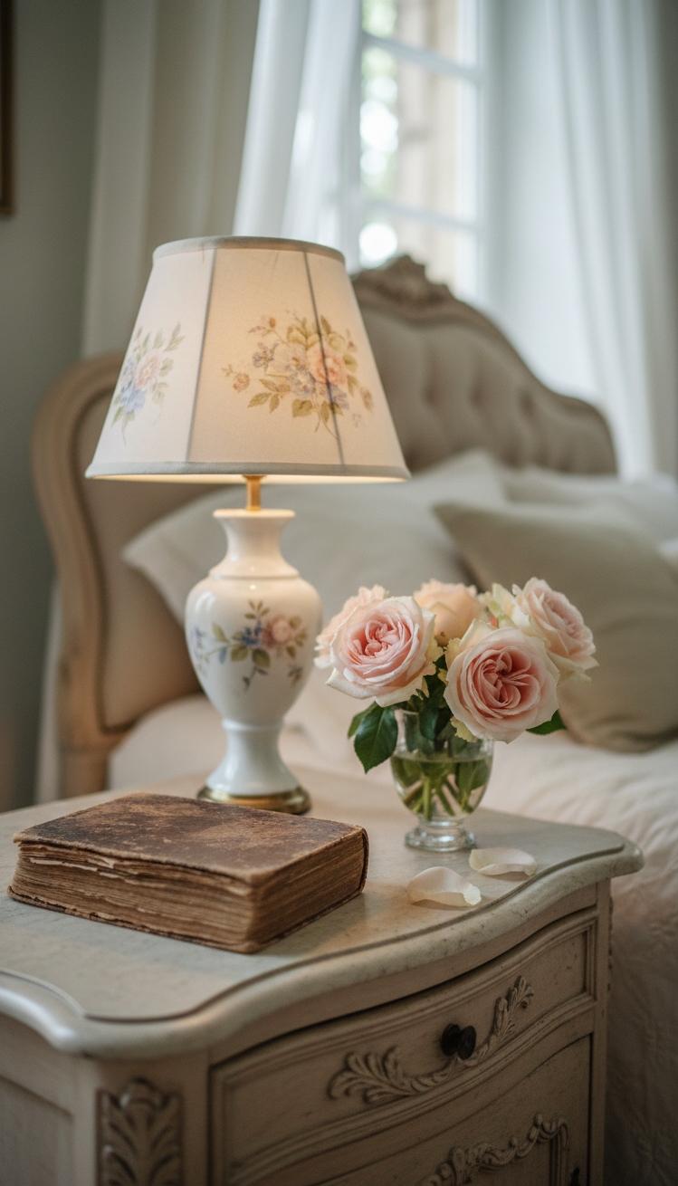 french bedroom aesthetic - French Bedroom: Muted Charm and Roses - The bedside table vignette whispers