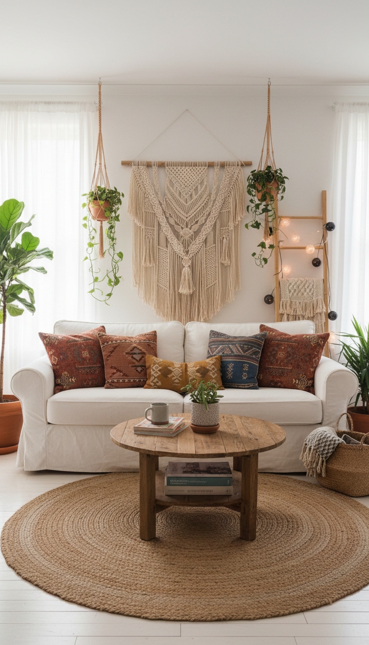 white living room - White Living Room: Bohemian Style Done Right - These patterned throw pillows really grab your attention....