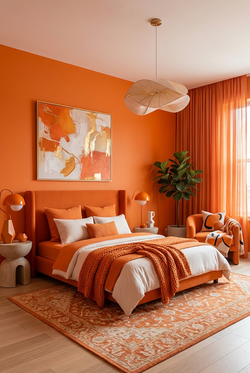 21 Ways to Design Orange Bedrooms - Bold Orange Walls: Design Right Away - These bold orange walls grab your attention right...