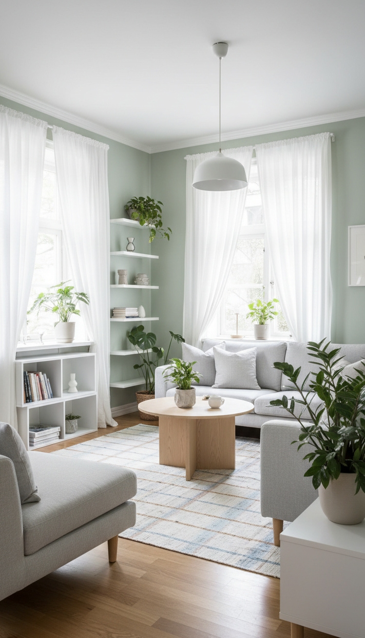 green living room - Pastel Green Walls, Airy Living - These sheer curtains filter light into the room,...