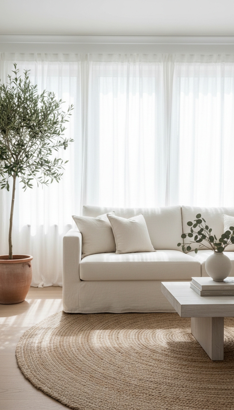 white living room - White Living Room: Light and Texture - These linen drapes diffuse the light beautifully. Sunlight...