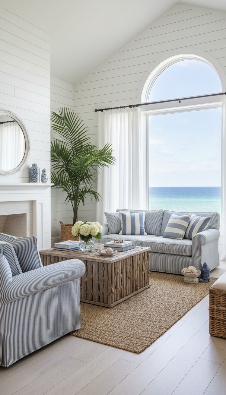 white living room - White Living Room: Coastal Design Ideas - The shiplap walls create a bright, textured backdrop...