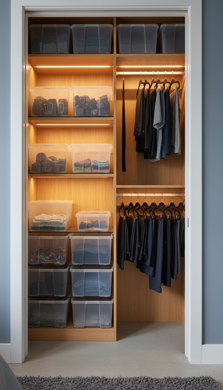 bedroom closet organization - Softly Lit Compact Closet - Clear plastic bins stack high in this compact...