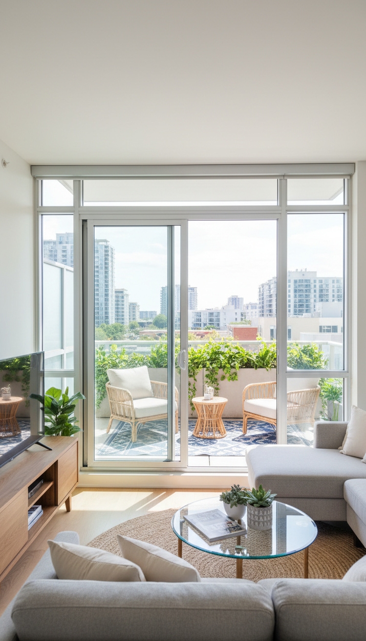 Condo living room - Condo Living Room: Balcony Design - These sliding glass doors blur the boundary between...