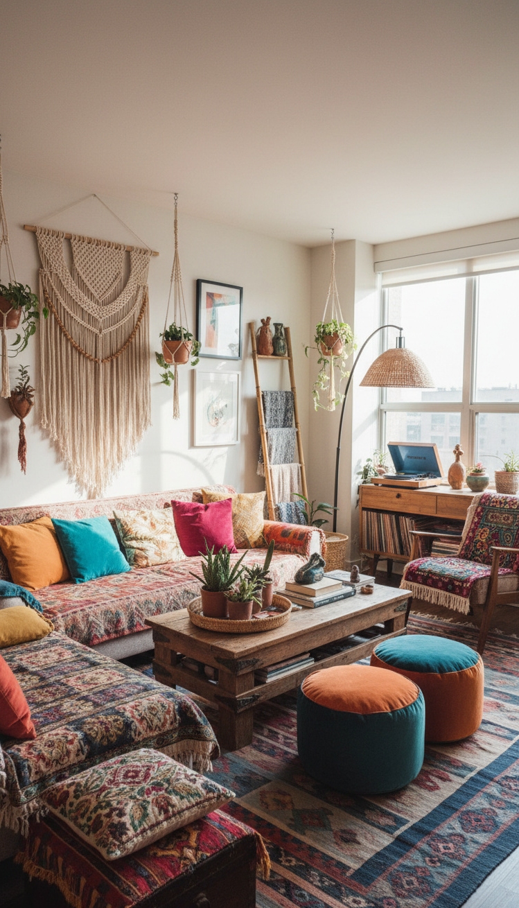 Condo living room - Condo Living Room: Bohemian Flair - The woven textures really grab your eye. A...