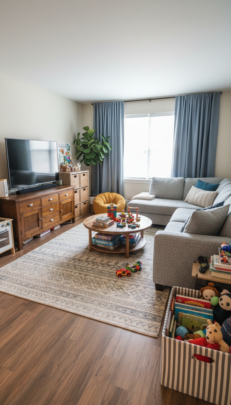 Condo living room - Condo Living Room: Family-Friendly Design - The plush sectional sofa invites you to sink...