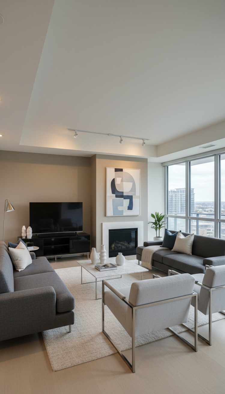 Condo living room - Sleek Condo Living Room Designs - These smooth, creamy walls set the tone. Sunlight...