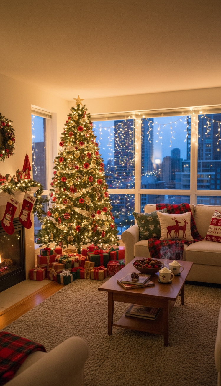 Condo living room - Festive Condo Living Room Designs - The Christmas tree anchors this condo living room,...