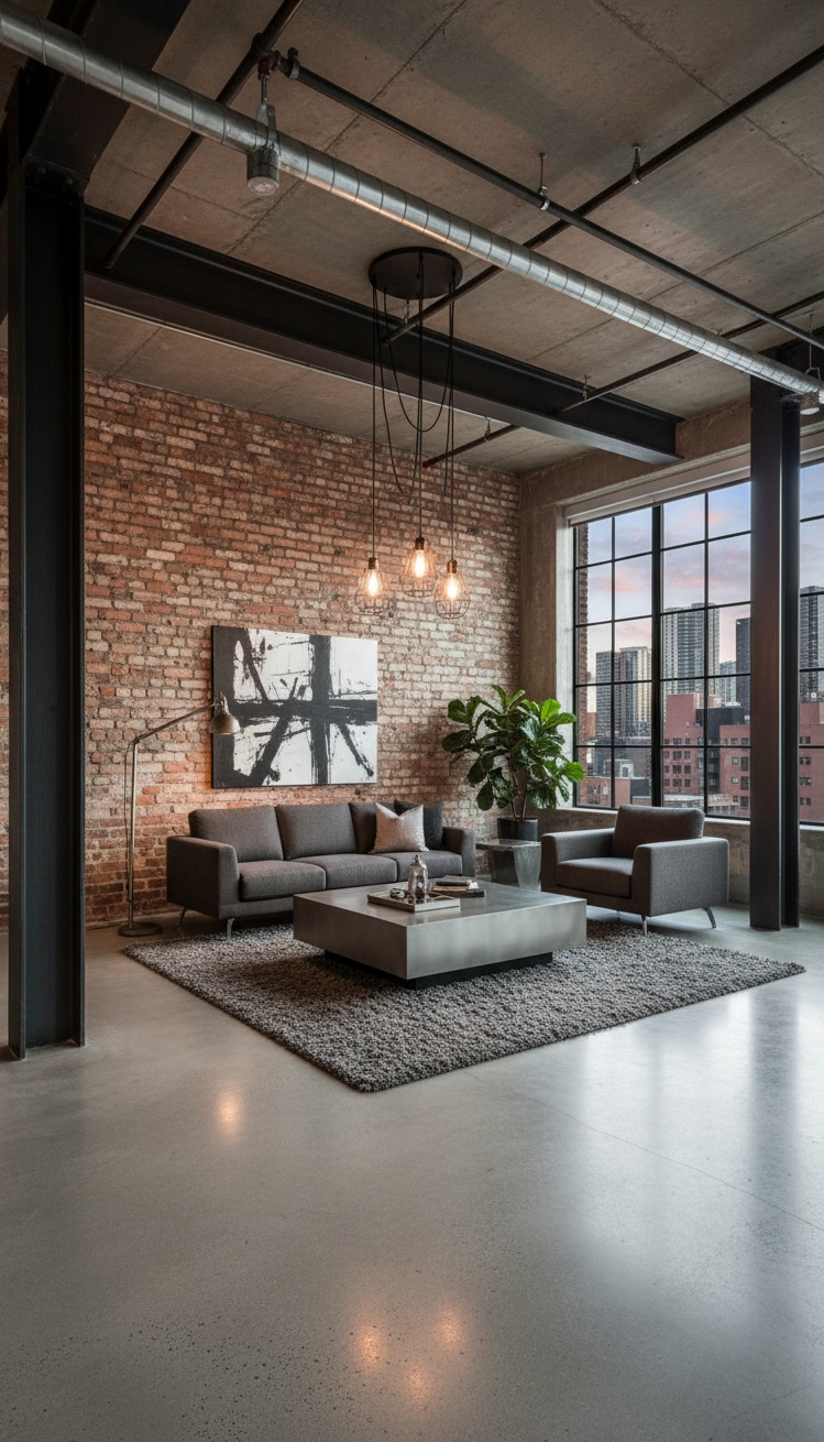 Condo living room - Condo Living: Industrial Style Done Right - These concrete floors feel cool and smooth underfoot,...