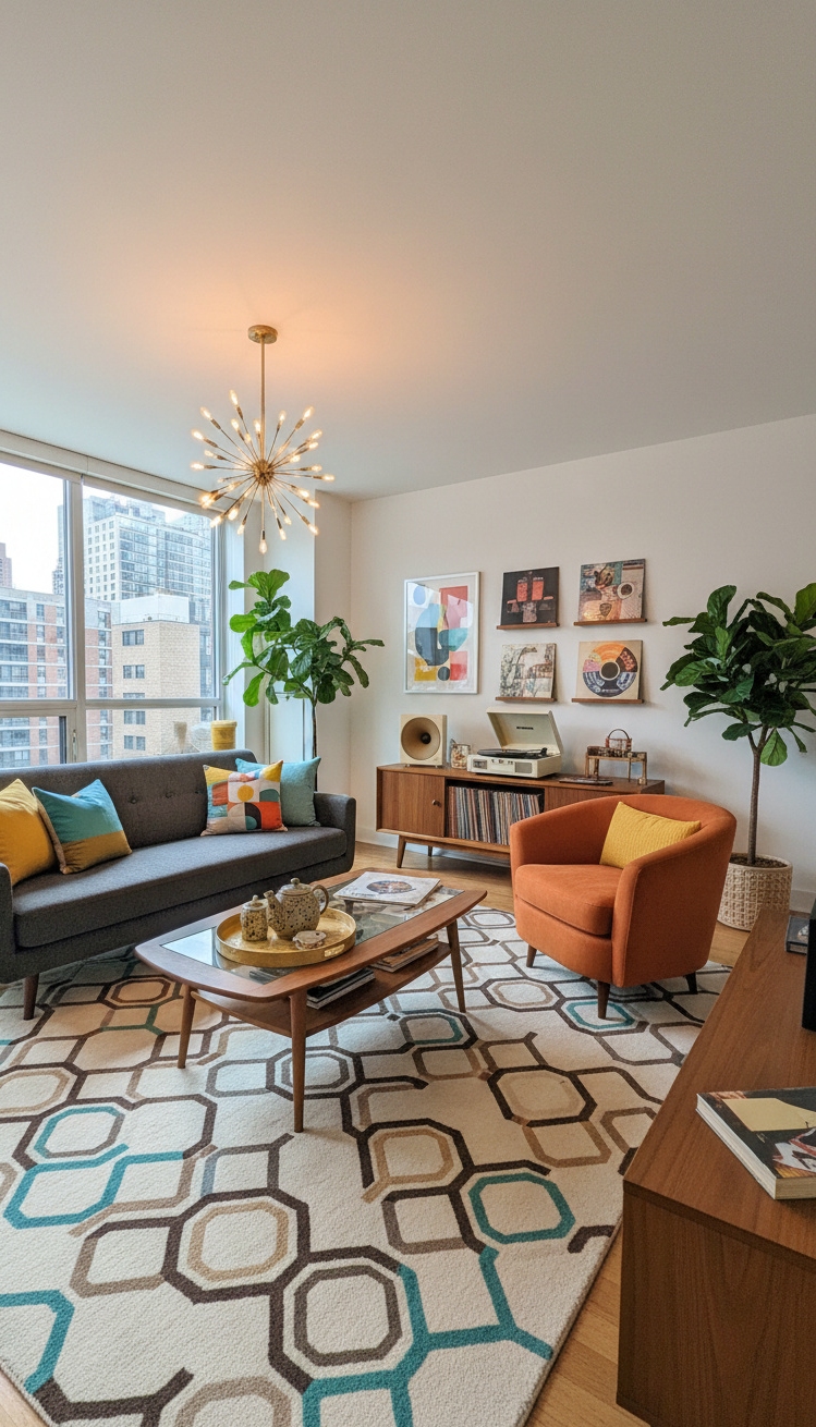 Condo living room - Condo Living Room: Retro Style - These geometric patterns really grab your attention. The...