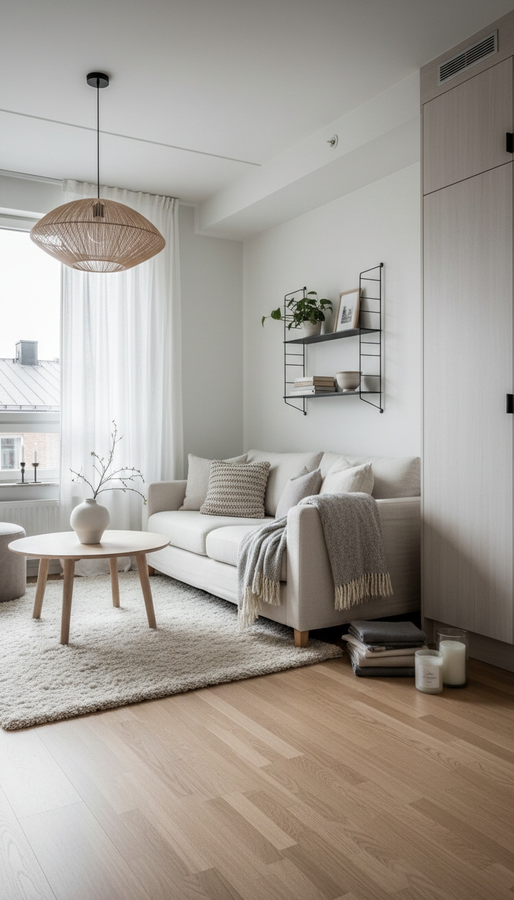 Condo living room - Condo Living: Scandinavian Style & Comfort - These light wood floors reflect sunlight, making the...