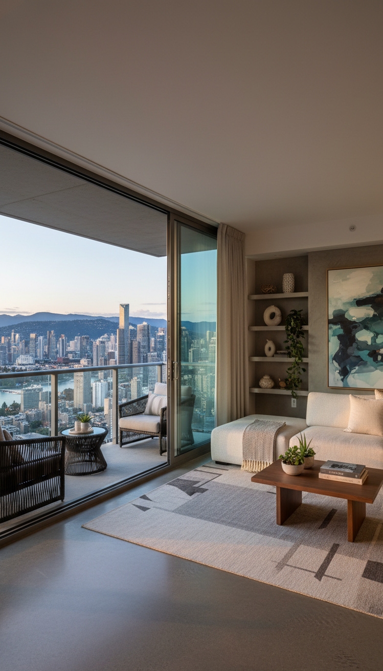 Condo living room - City View Condo Living Room - These sheer curtains soften the light spilling into...