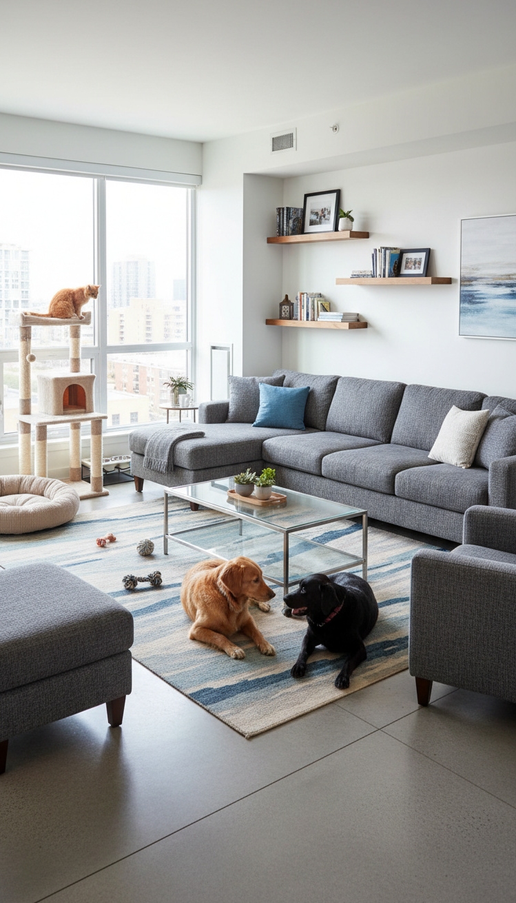 Condo living room - Stylish Condo Living with Pets - These woven baskets offer a spot for toys...