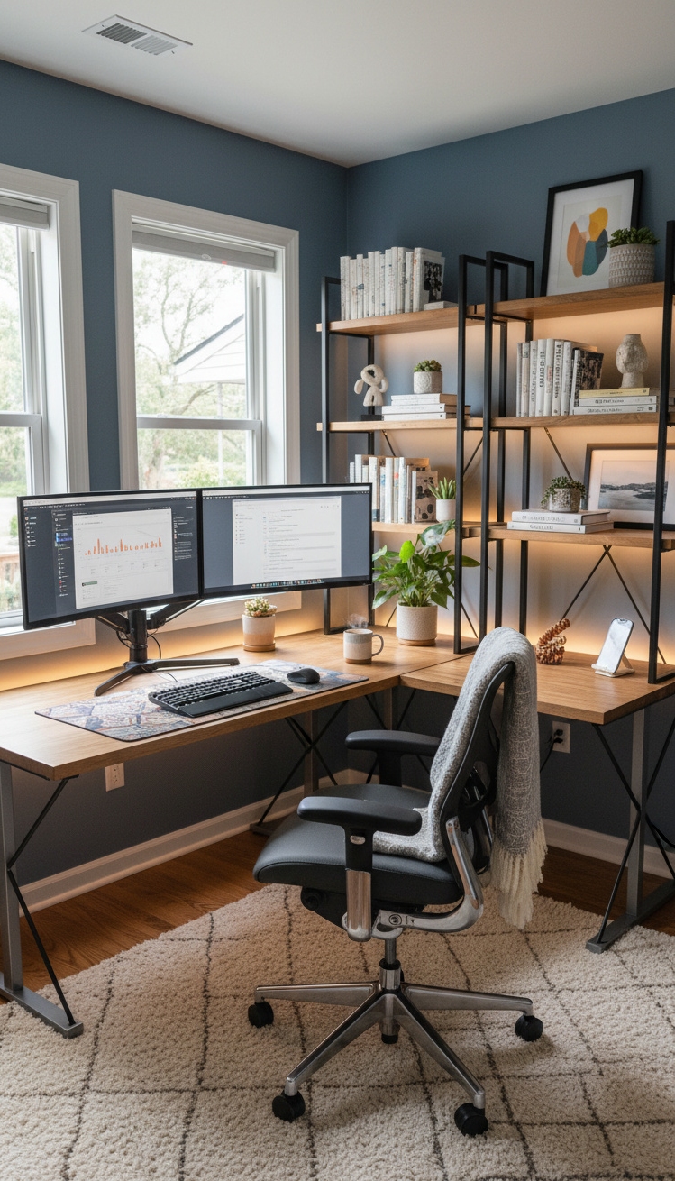 women's home office ideas - Shaped Desk Anchors Corner Office - The L-shaped desk anchors this corner office, creating...