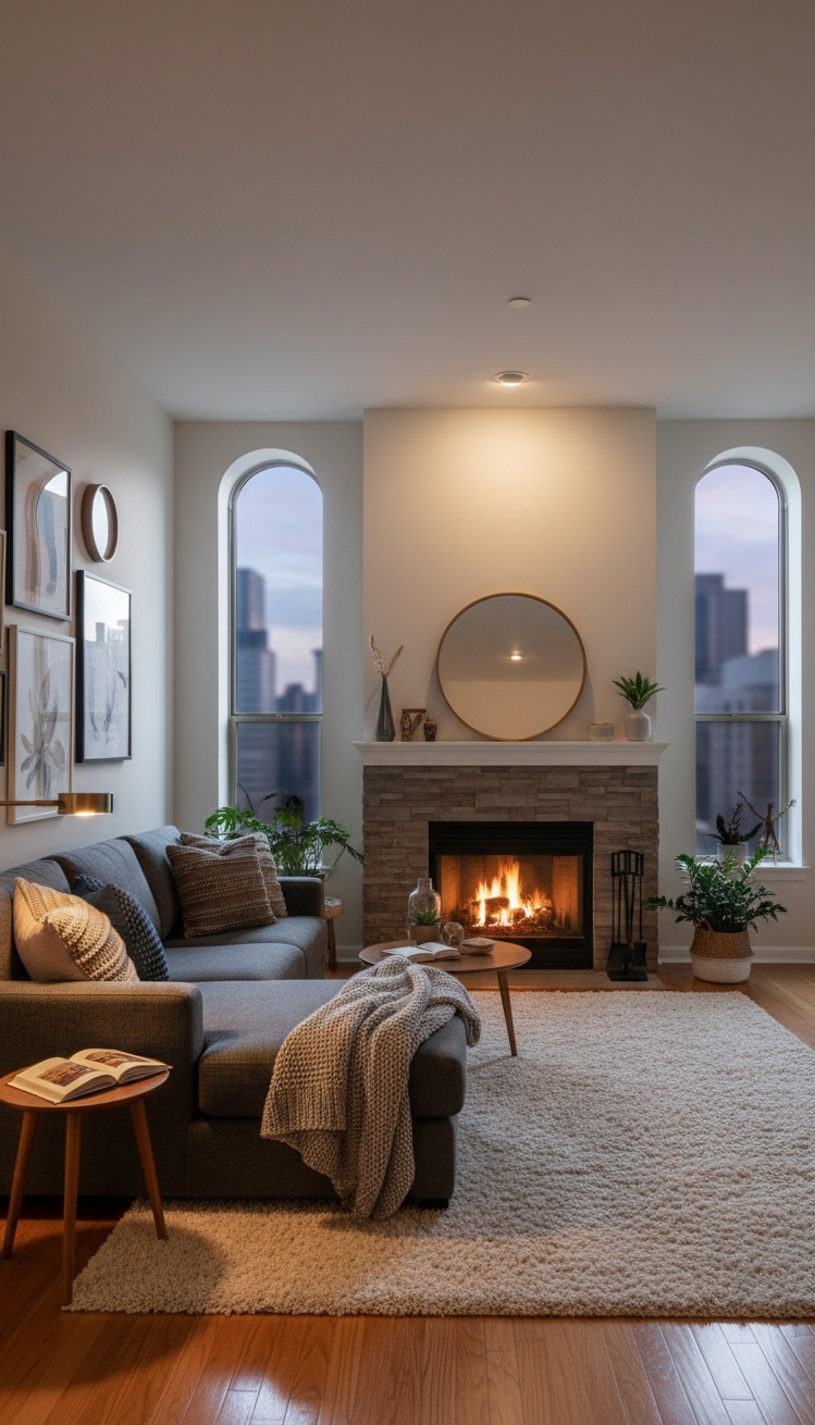 Condo living room - Cozy Condo Living Room Design - These throw pillows scattered across the sectional invite...